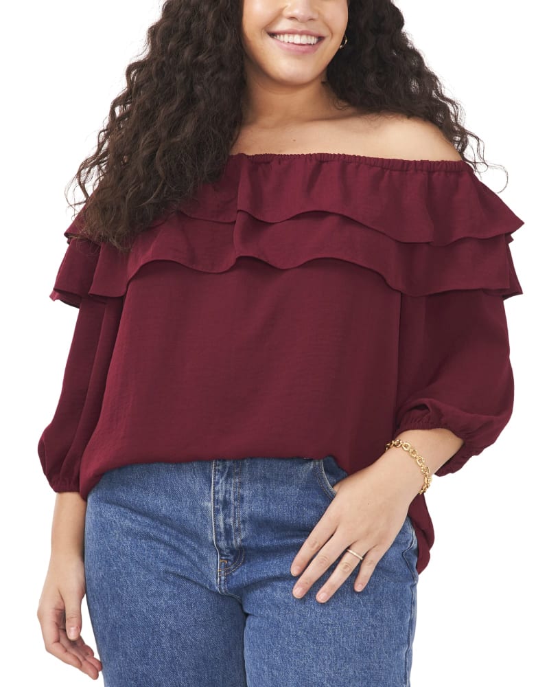 Front of a model wearing a size 1X Brenna Off the Shoulder Blouse in CRISP MERLOT by Vince Camuto. | dia_product_style_image_id:261034